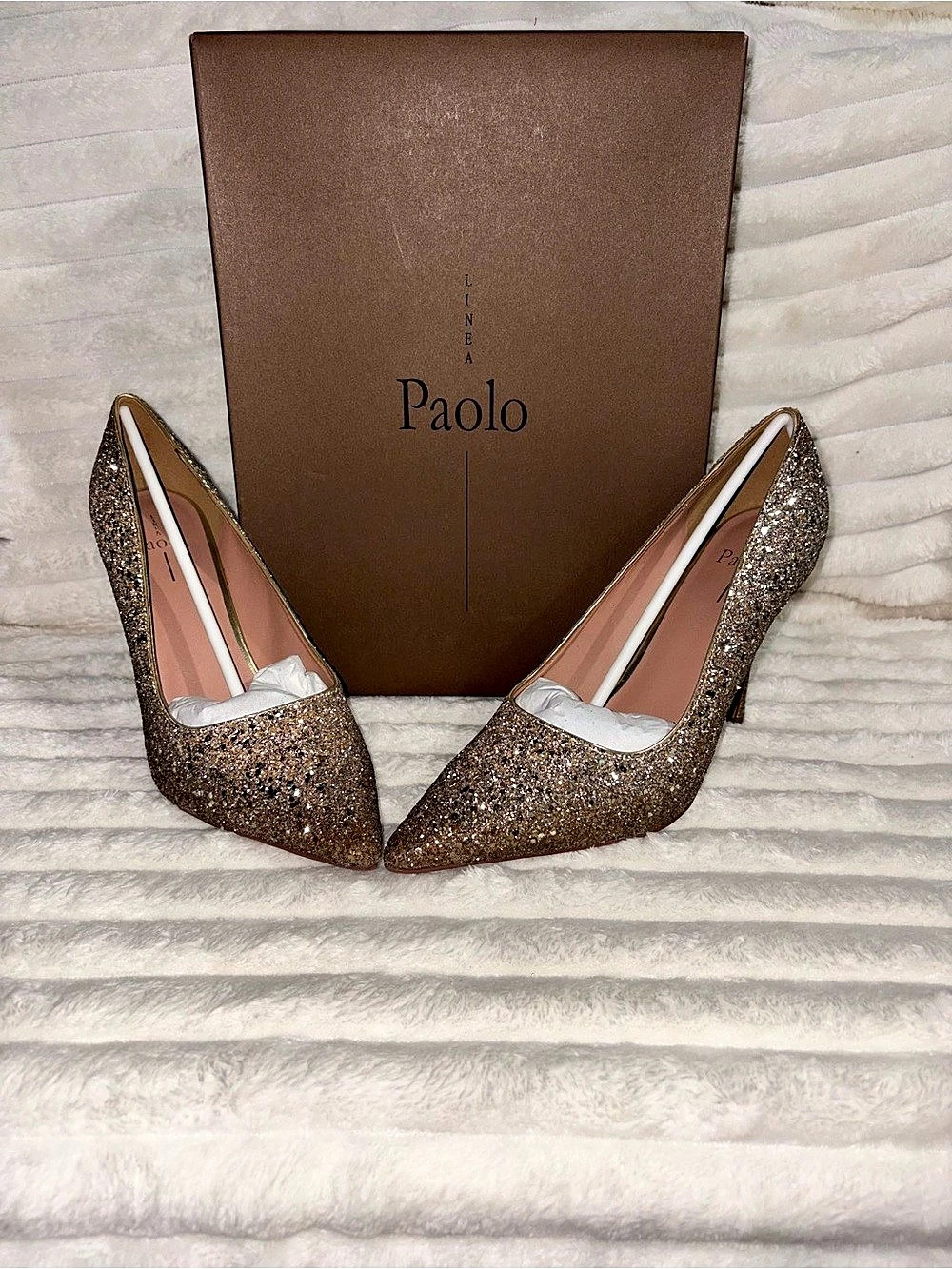 Linea Paolo Payton-L Gold Glitter Pointed Toe Heels in Brown US 11